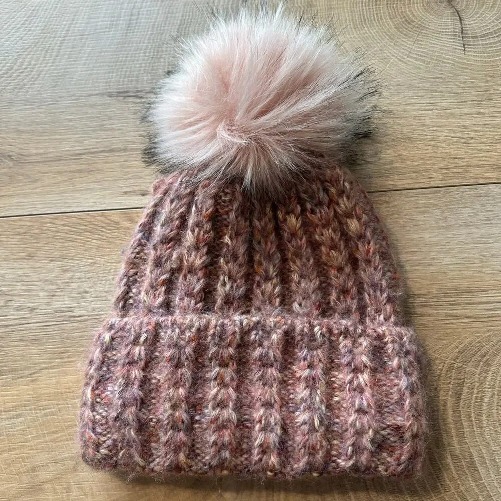 Norla Canada Alpaca and Wool Blend Knit Pom Beanie Hat Pink
